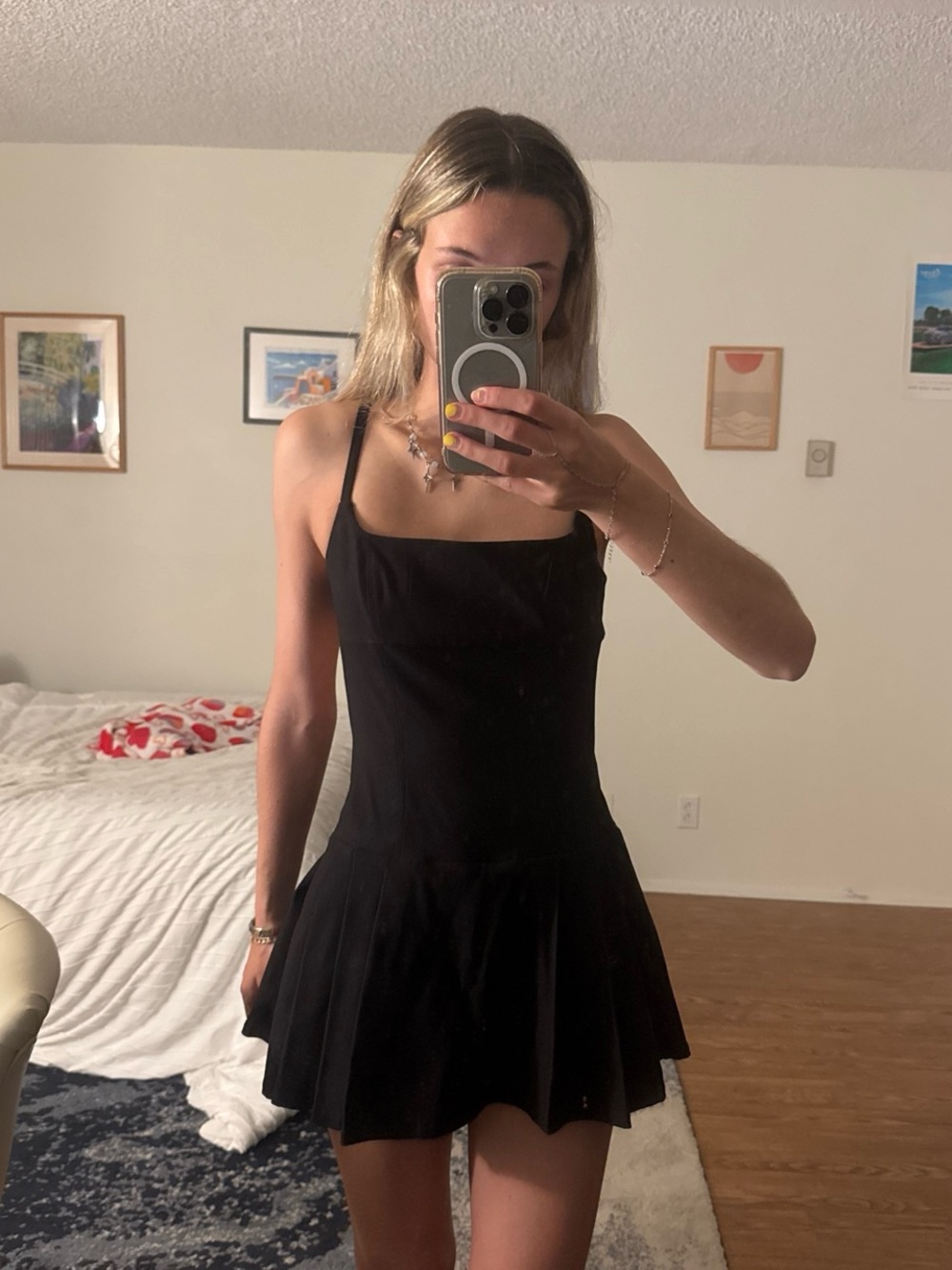 Garage Black Mini Dress with Pleated Skirt